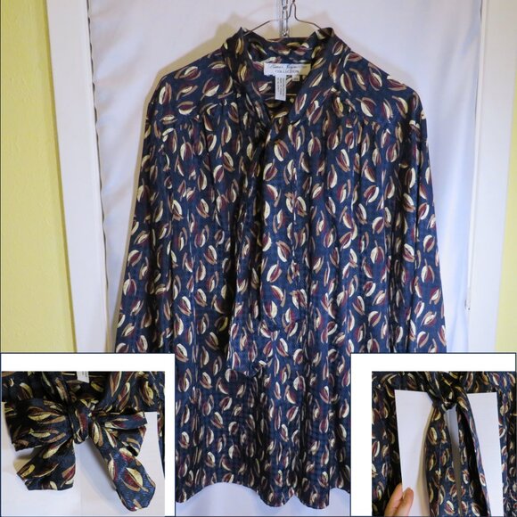 Vintage Bow Tie Blouse Leaf Print Dark Academia Button-Down Shirt long sleeve - Picture 1 of 10